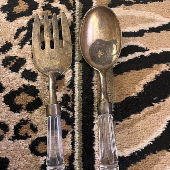 ANTIQUE BRASS AND CRYSTAL HANDLE FORK AND SPOON - Picture 1 of 4
